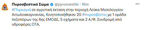 Φωτιά σε αγροτική έκταση στη Λεύκα Μεσολογγίου, κινητοποιήθηκαν και εναέρια μέσα